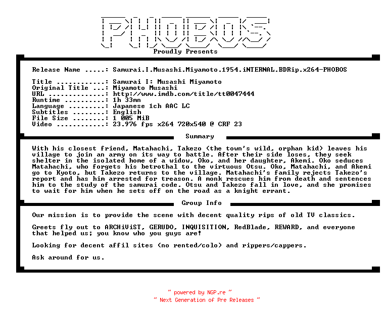 NFO for the release Samurai.I.Musashi.Miyamoto.1954.iNTERNAL.BDRip.x264-PHOBOS by PHOBOS