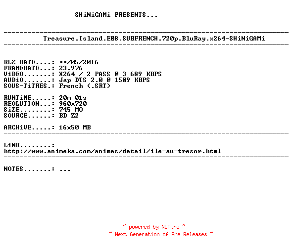 NFO for the release Treasure.Island.E08.SUBFRENCH.720p.BluRay.x264-SHiNiGAMi by SHiNiGAMi