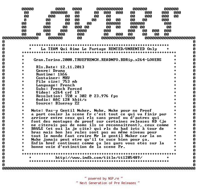 NFO for the release Gran.Torino.2008.TRUEFRENCH.READNFO.BDRip.x264-LOVERS by LOVERS