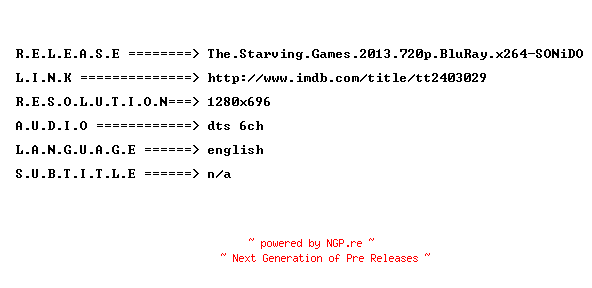 NFO for the release The.Starving.Games.2013.720p.BluRay.x264-SONiDO by SONiDO