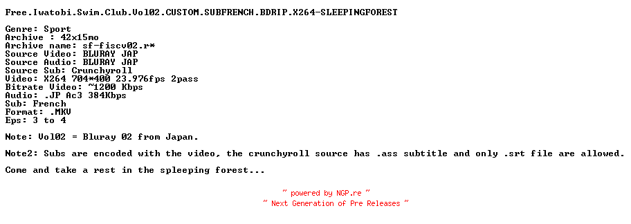 NFO for the release Free.Iwatobi.Swim.Club.Vol02.CUSTOM.SUBFRENCH.BDRIP.X264-SLEEPINGFOREST by SLEEPINGFOREST