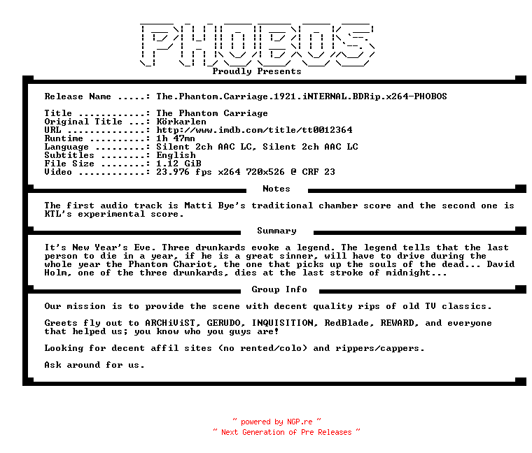 NFO for the release The.Phantom.Carriage.1921.iNTERNAL.BDRip.x264-PHOBOS by PHOBOS