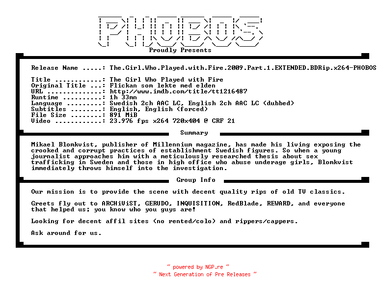 NFO for the release The.Girl.Who.Played.with.Fire.2009.Part.1.EXTENDED.BDRip.x264-PHOBOS by PHOBOS