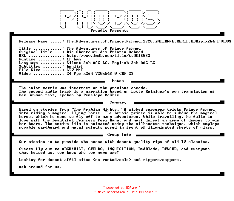 NFO for the release The.Adventures.of.Prince.Achmed.1926.iNTERNAL.RERiP.BDRip.x264-PHOBOS by PHOBOS