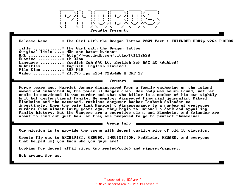 NFO for the release The.Girl.with.the.Dragon.Tattoo.2009.Part.1.EXTENDED.BDRip.x264-PHOBOS by PHOBOS