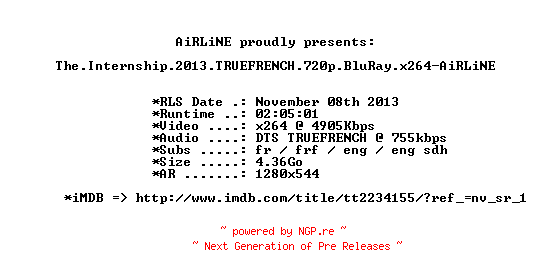 NFO for the release The.Internship.2013.TRUEFRENCH.720p.BluRay.x264-AiRLiNE by AiRLiNE