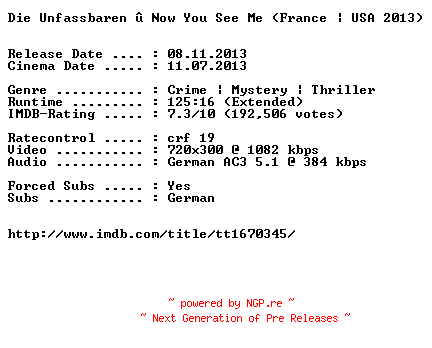 NFO for the release Die.Unfassbaren.Now.You.See.Me.EXTENDED.German.BDRiP.x264-EXQUiSiTE by EXQUiSiTE