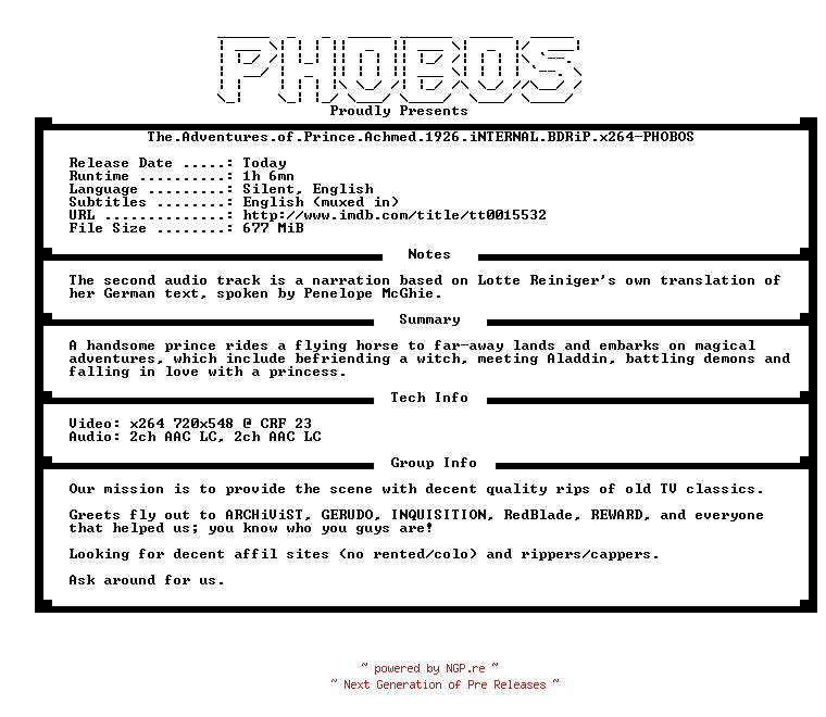NFO for the release The.Adventures.of.Prince.Achmed.1926.iNTERNAL.BDRiP.x264-PHOBOS by PHOBOS