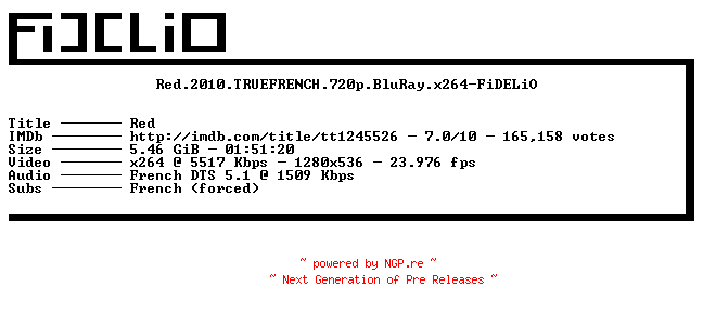 NFO for the release Red.2010.TRUEFRENCH.720p.BluRay.x264-FiDELiO by FiDELiO