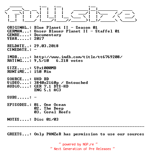 NFO for the release Blue.Planet.II.S01D01.DUAL.COMPLETE.UHD.BLURAY-FULLSiZE by FULLSiZE