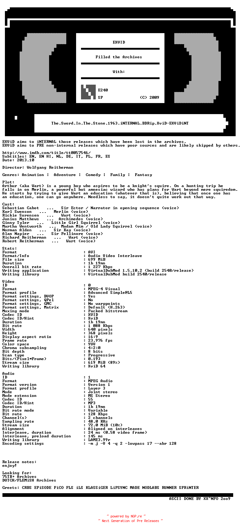 NFO for the release The.Sword.In.The.Stone.1963.iNTERNAL.BDRip.XviD-EXViDiNT by EXViDiNT