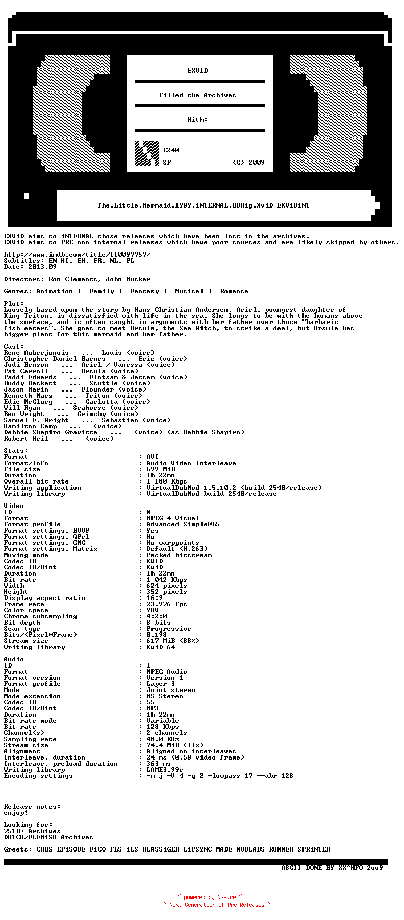 NFO for the release The.Little.Mermaid.1989.iNTERNAL.BDRip.XviD-EXViDiNT by EXViDiNT