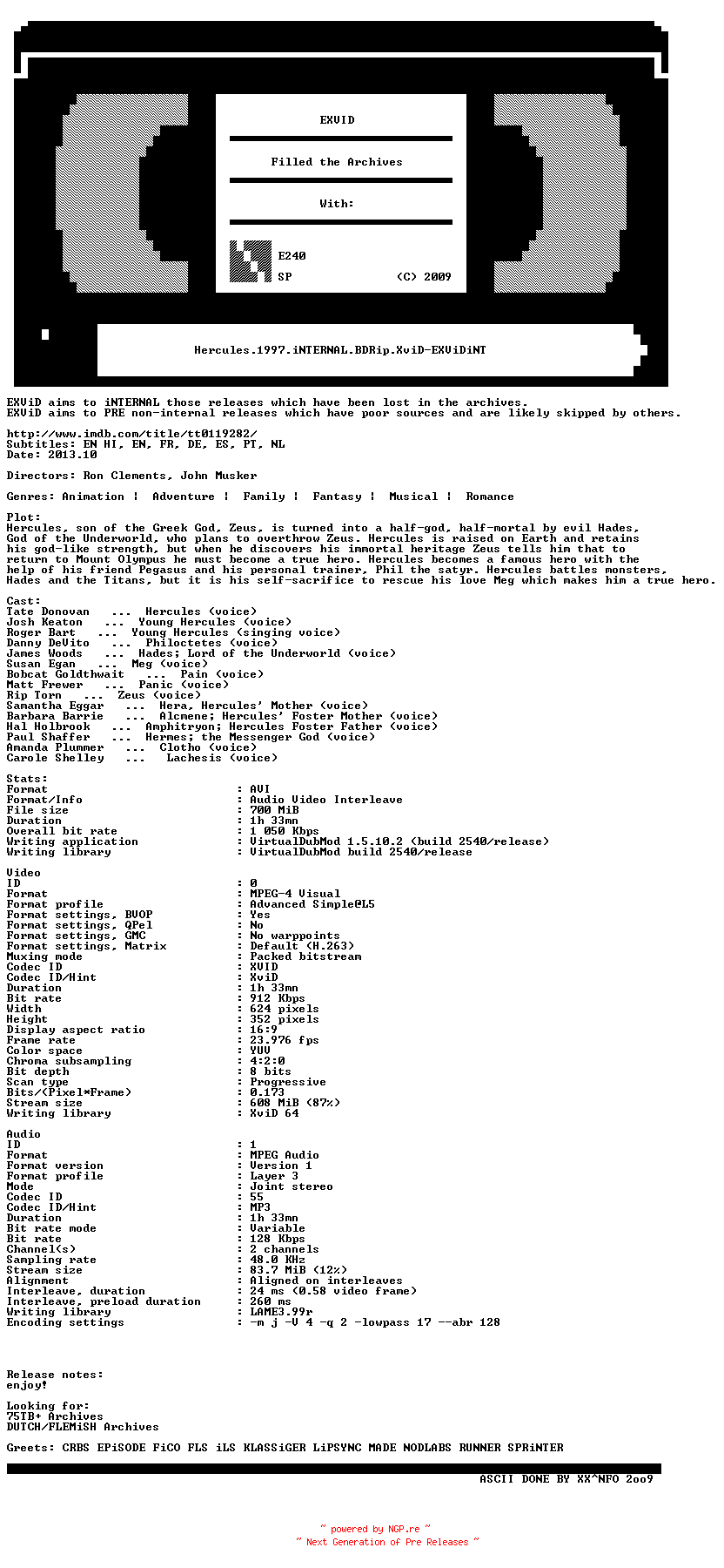 NFO for the release Hercules.1997.iNTERNAL.BDRip.XviD-EXViDiNT by EXViDiNT