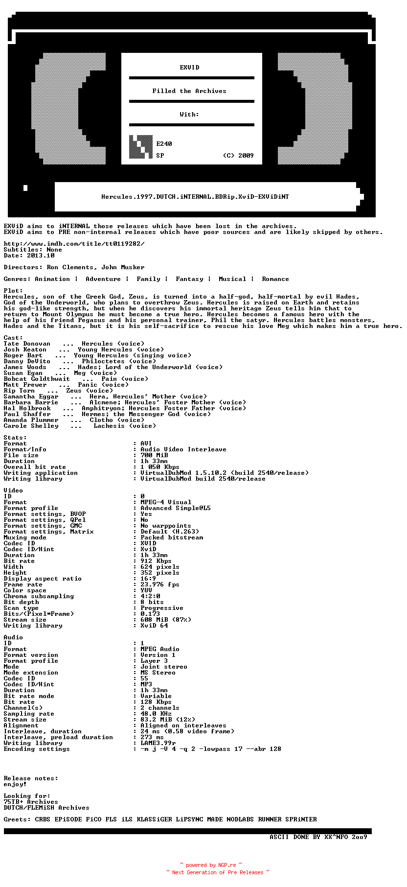 NFO for the release Hercules.1997.DUTCH.iNTERNAL.BDRip.XviD-EXViDiNT by EXViDiNT