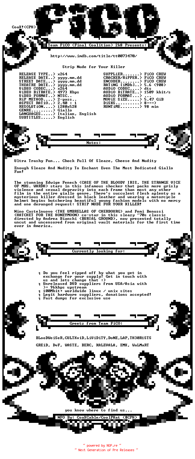 NFO for the release Strip.Nude.For.Your.Killer.1975.720p.BluRay.x264-FiCO by FiCO