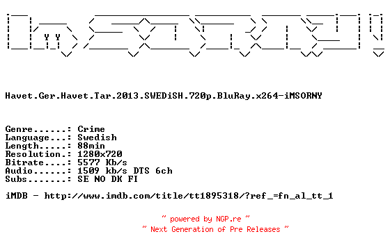 NFO for the release Havet.Ger.Havet.Tar.2013.SWEDiSH.720p.BluRay.x264-iMSORNY by iMSORNY