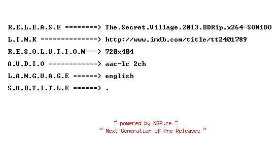 NFO for the release The.Secret.Village.2013.BDRip.x264-SONiDO by SONiDO