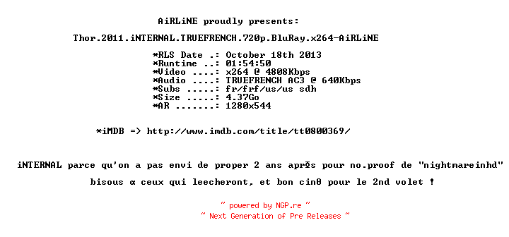 NFO for the release Thor.2011.iNTERNAL.TRUEFRENCH.720p.BluRay.x264-AiRLiNE by AiRLiNE