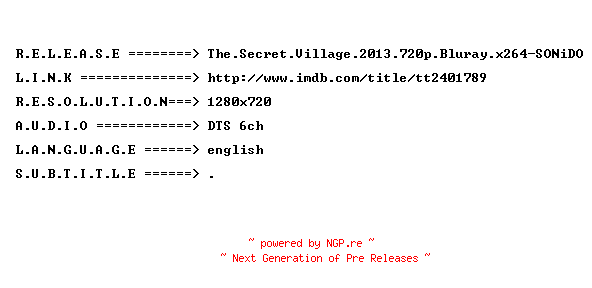 NFO for the release The.Secret.Village.2013.720p.Bluray.x264-SONiDO by SONiDO
