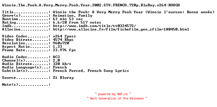 NFO for the release Winnie.The.Pooh.A.Very.Merry.Pooh.Year.2002.STV.FRENCH.720p.BluRay.x264-ROUGH by ROUGH
