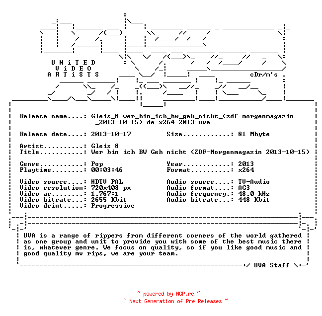 NFO for the release Gleis_8-wer_bin_ich_bw_geh_nicht_(zdf-morgenmagazin_2013-10-15)-de-x264-2013-uva by uva