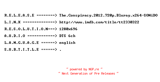 NFO for the release The.Conspiracy.2012.720p.Bluray.x264-SONiDO by SONiDO
