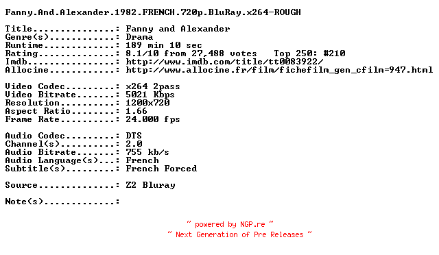 NFO for the release Fanny.And.Alexander.1982.FRENCH.720p.BluRay.x264-ROUGH by ROUGH