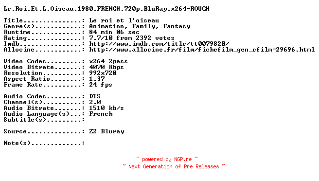 NFO for the release Le.Roi.Et.L.Oiseau.1980.FRENCH.720p.BluRay.x264-ROUGH by ROUGH