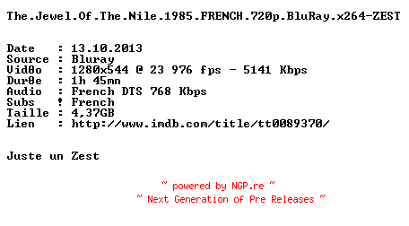 NFO for the release The.Jewel.Of.The.Nile.1985.FRENCH.720p.BluRay.x264-ZEST by ZEST