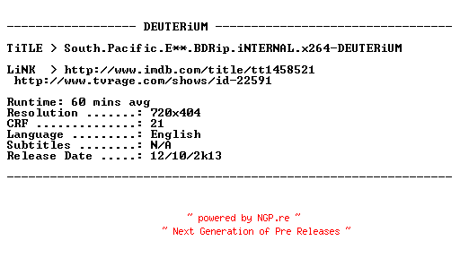 NFO for the release South.Pacific.E04.BDRip.iNTERNAL.x264-DEUTERiUM by DEUTERiUM