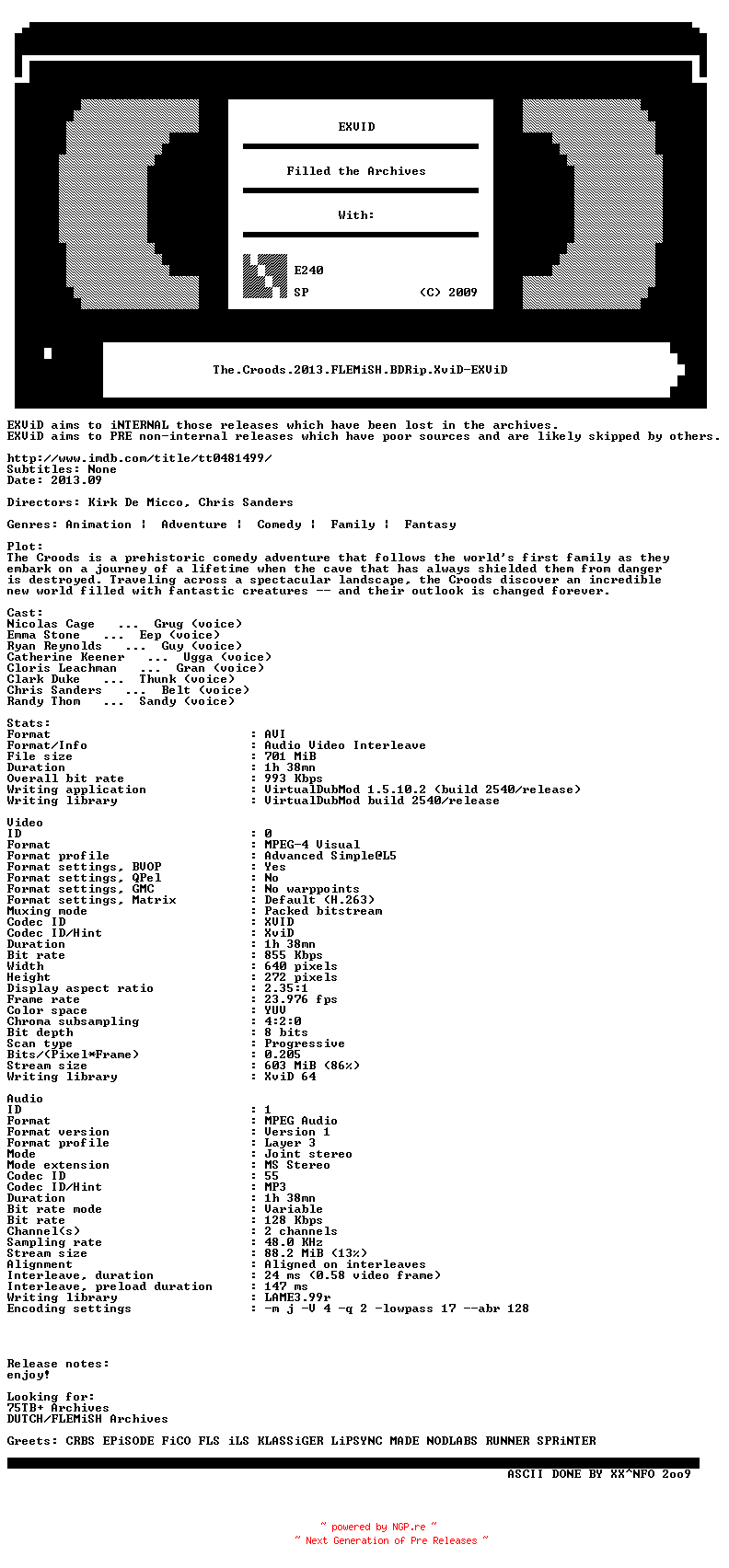 NFO for the release The.Croods.2013.FLEMiSH.BDRip.XviD-EXViD by EXViD