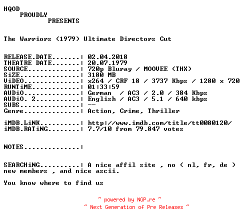 NFO for the release The.Warriors.1979.Ultimate.Directors.Cut.German.AC3D.DL.720p.BluRay.x264-HQOD by HQOD
