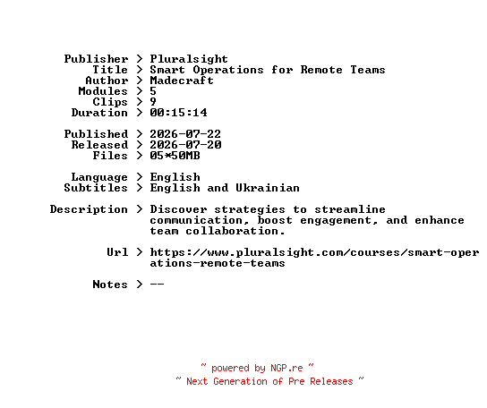 NFO for the release Pluralsight.Smart.Operations.for.Remote.Teams.2026.BOOKWARE-GETH by GETH