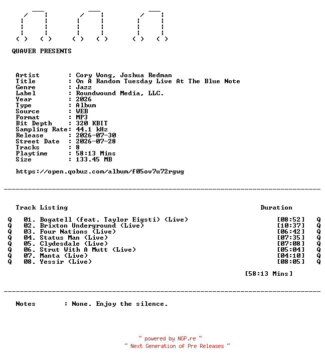 NFO for the release Cory_Wong_Joshua_Redman-On_A_Random_Tuesday_Live_At_The_Blue_Note-WEB-2026-QUAVER by QUAVER