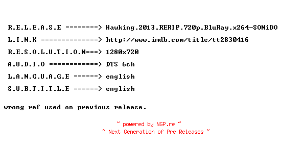 NFO for the release Hawking.2013.RERIP.720p.BluRay.x264-SONiDO by SONiDO