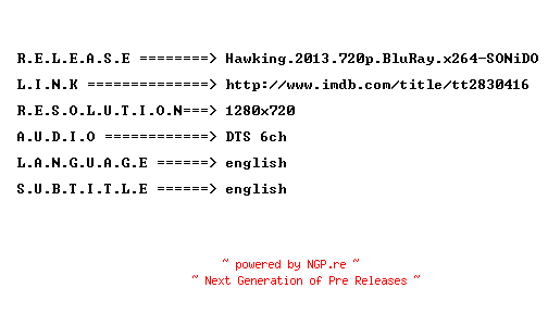NFO for the release Hawking.2013.720p.BluRay.x264-SONiDO by SONiDO