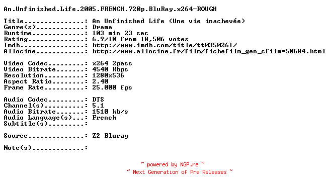 NFO for the release An.Unfinished.Life.2005.FRENCH.720p.BluRay.x264-ROUGH by ROUGH