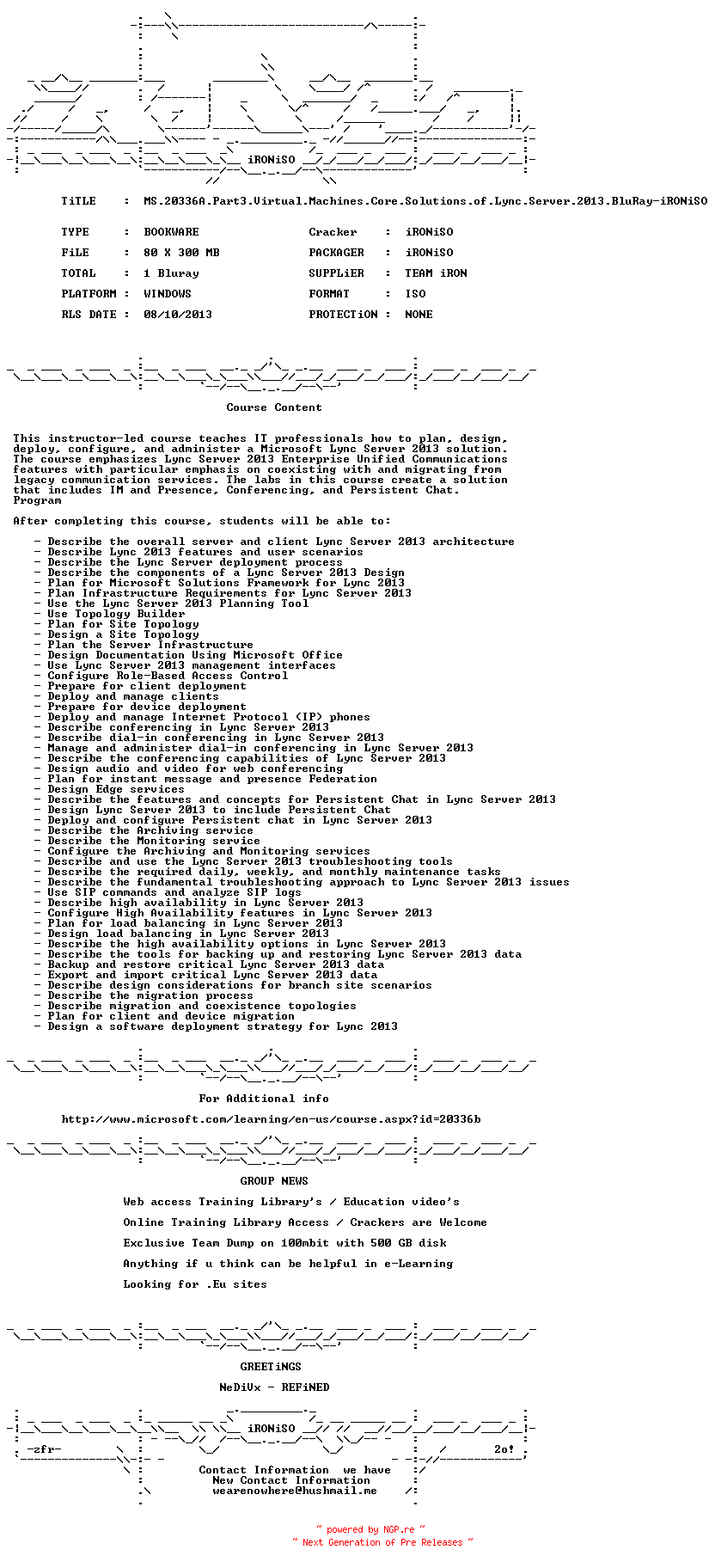 NFO for the release MS.20336A.Part3.Virtual.Machines.Core.Solutions.of.Lync.Server.2013.BluRay-iRONiSO by iRONiSO