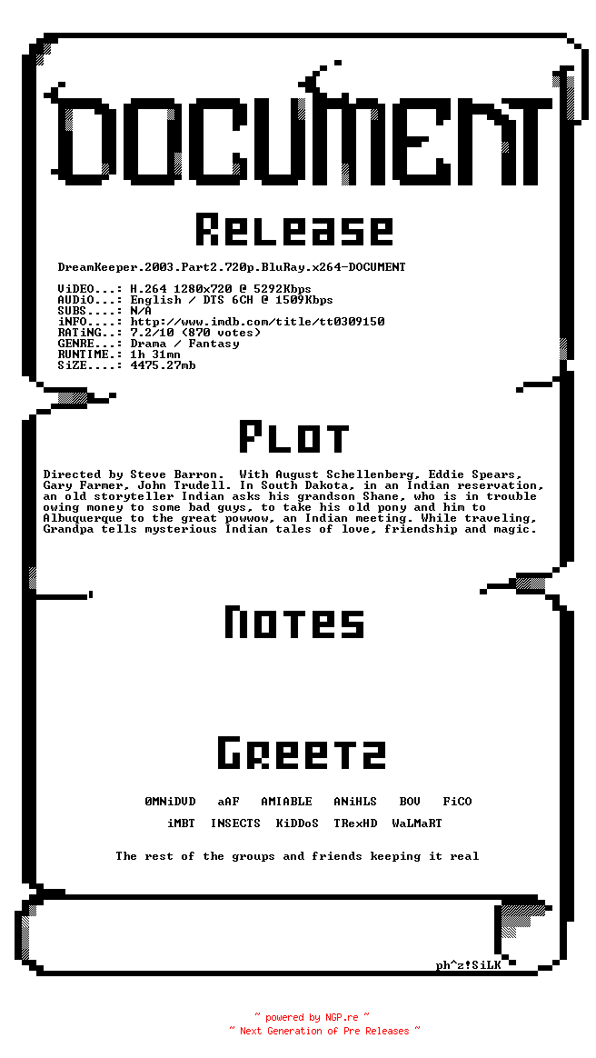 NFO for the release DreamKeeper.2003.Part2.720p.BluRay.x264-DOCUMENT by DOCUMENT