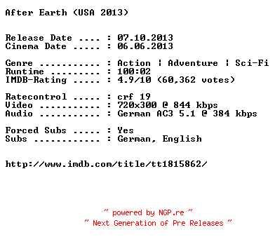 NFO for the release After.Earth.German.BDRiP.x264-EXQUiSiTE by EXQUiSiTE