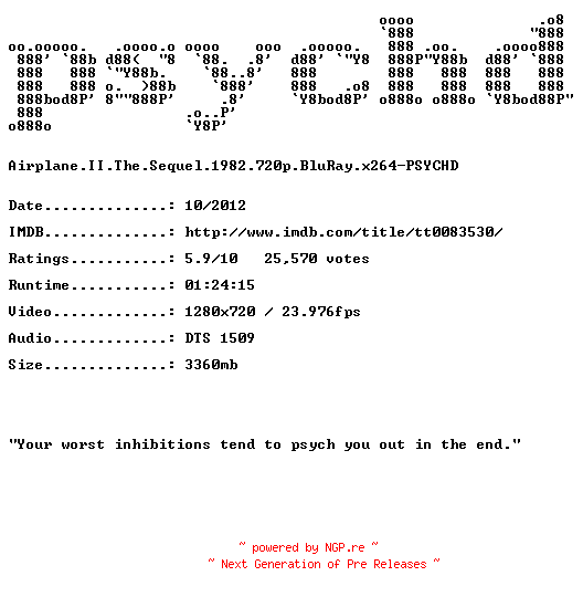 NFO for the release Airplane.II.The.Sequel.1982.720p.BluRay.x264-PSYCHD by PSYCHD