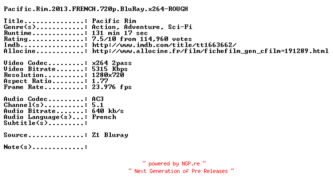 NFO for the release Pacific.Rim.2013.FRENCH.720p.BluRay.x264-ROUGH by ROUGH