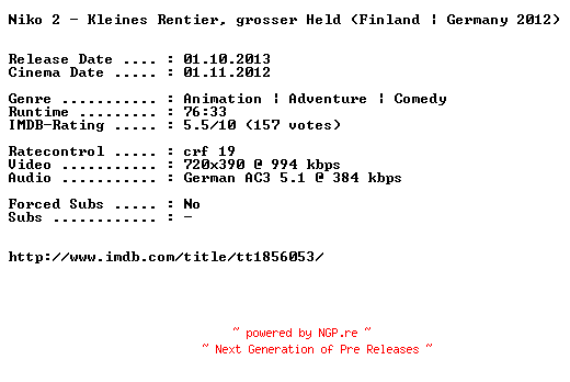 NFO for the release Niko.2.Kleines.Rentier.grosser.Held.German.BDRiP.x264-EXQUiSiTE by EXQUiSiTE