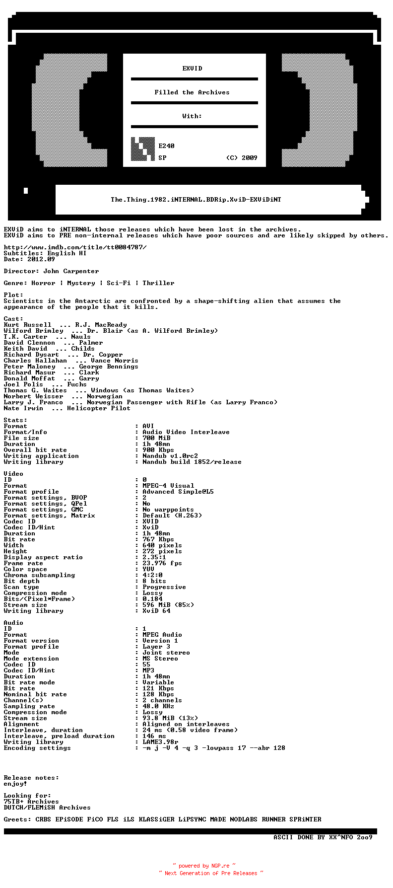 NFO for the release The.Thing.1982.iNTERNAL.BDRip.XviD-EXViDiNT by EXViDiNT