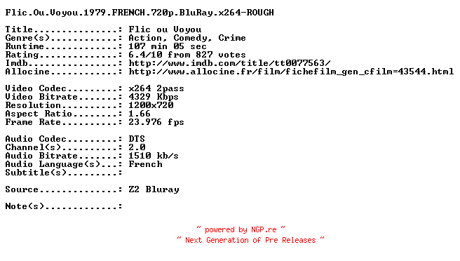 NFO for the release Flic.Ou.Voyou.1979.FRENCH.720p.BluRay.x264-ROUGH by ROUGH