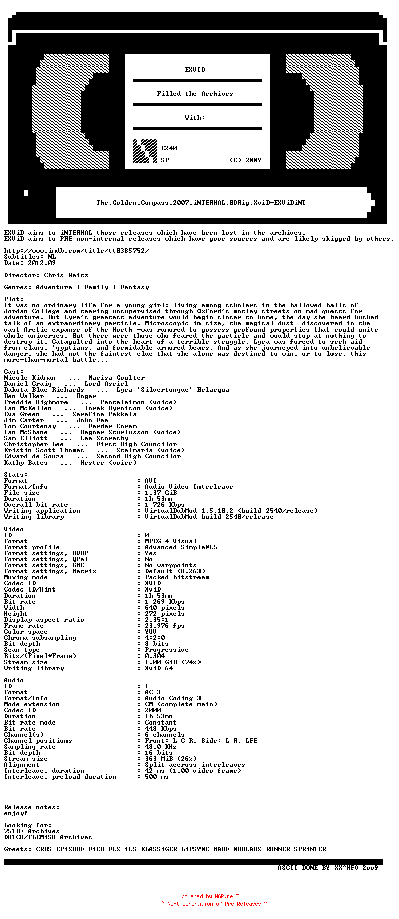 NFO for the release The.Golden.Compass.2007.iNTERNAL.BDRip.XviD-EXViDiNT by EXViDiNT