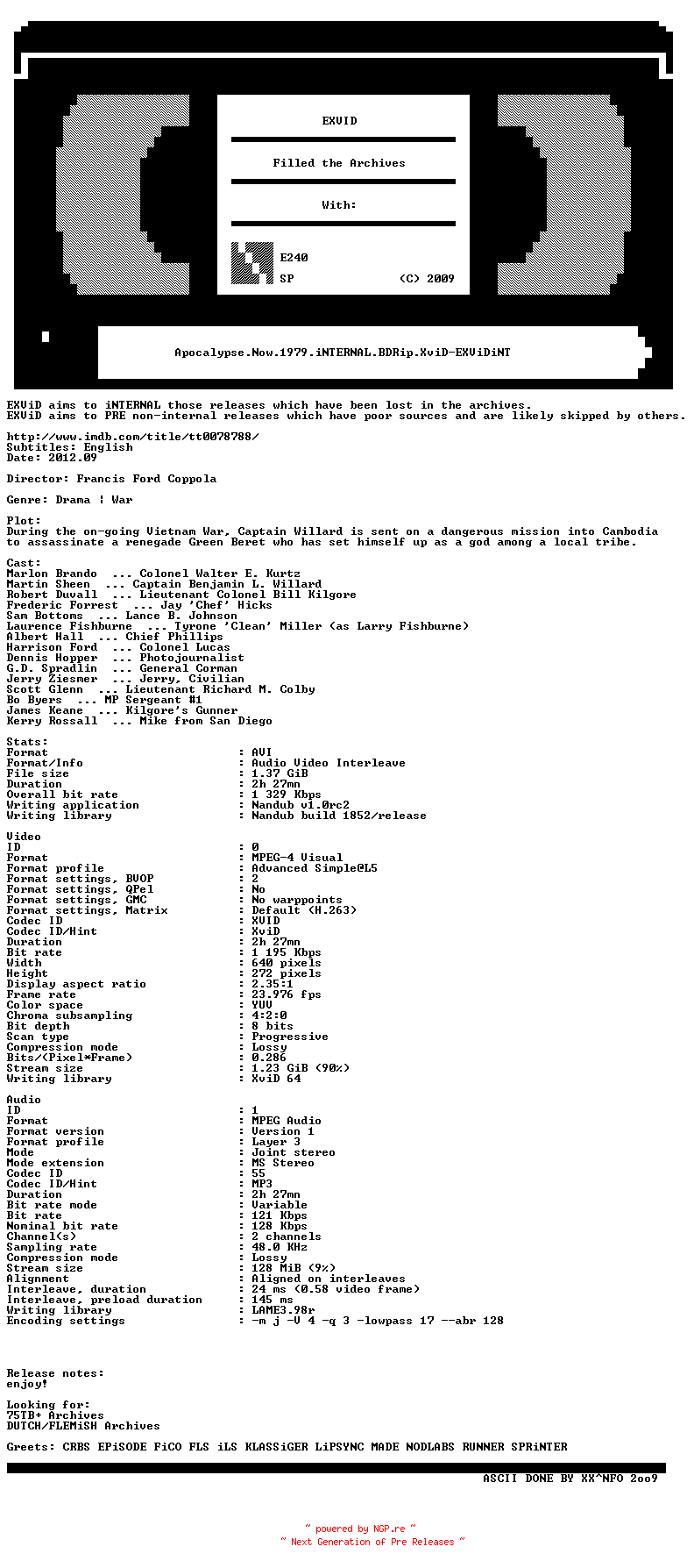 NFO for the release Apocalypse.Now.1979.iNTERNAL.BDRip.XviD-EXViDiNT by EXViDiNT
