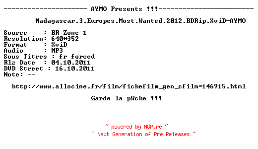 NFO for the release Madagascar.3.Europes.Most.Wanted.2012.FRENCH.BDRip.XviD-AYMO by AYMO