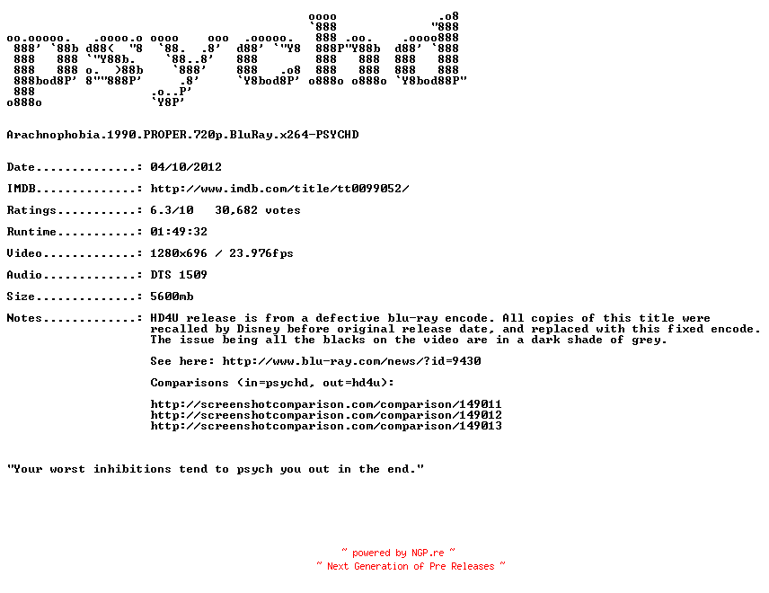 NFO for the release Arachnophobia.1990.PROPER.720p.BluRay.x264-PSYCHD by PSYCHD