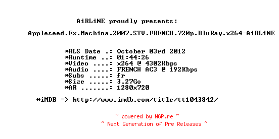 NFO for the release Appleseed.Ex.Machina.2007.STV.FRENCH.720p.BluRay.x264-AiRLiNE by AiRLiNE